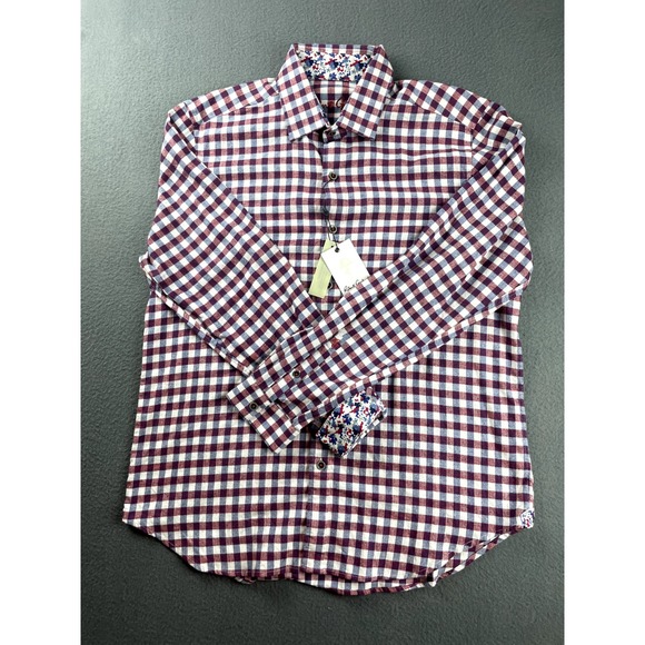 NWT Robert Graham Gunzer Button-Down Shirt Mens L Gingham Check Camo Cuff Purple